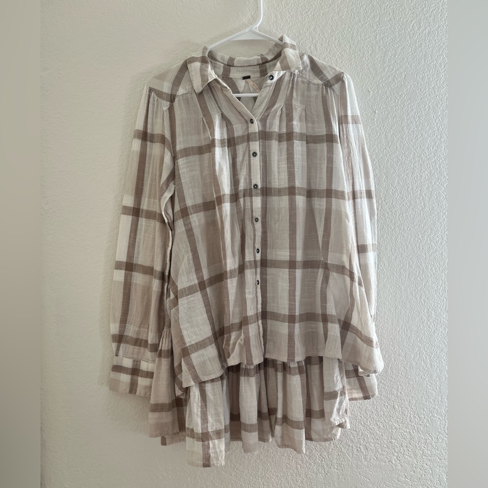 Free People cream brown plaid long sleeve peplum bottom blouse